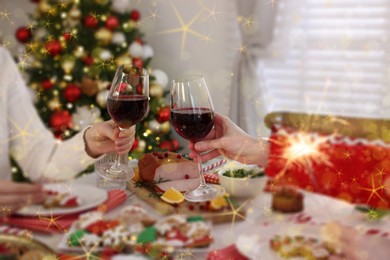 Family clinking glasses at festive dinner indoors, closeup. Christmas celebration