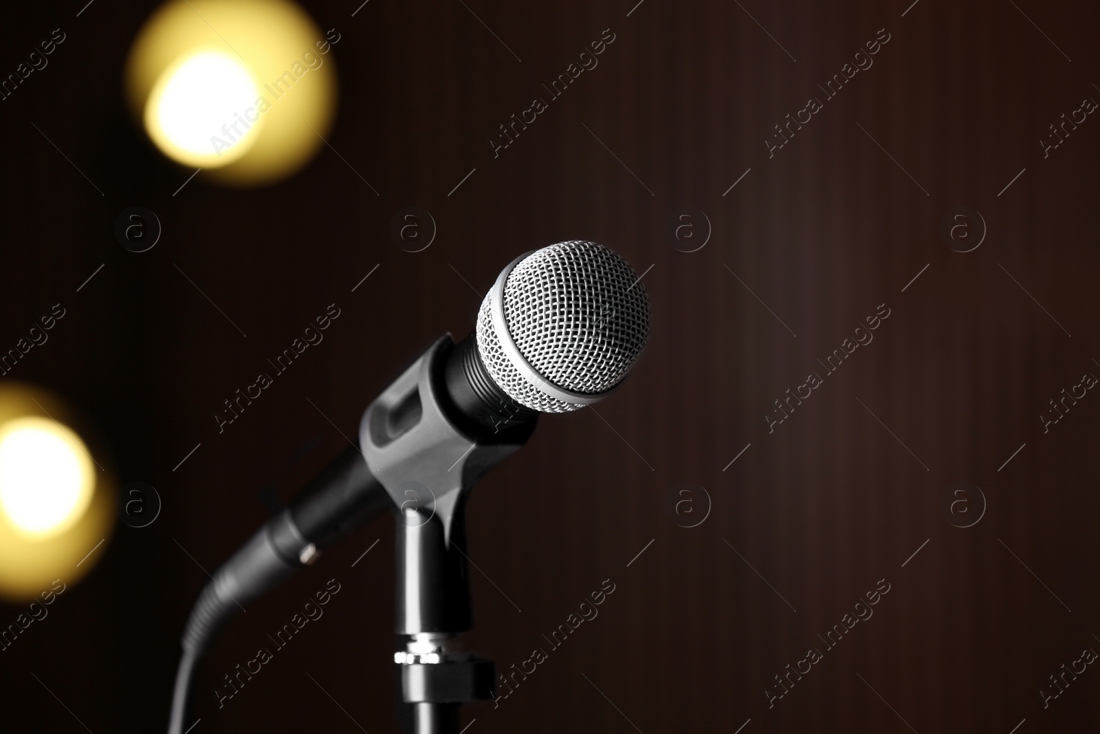 Photo of Microphone against festive lights, space for text