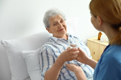 Photo of Nurse giving glass of water to elderly woman indoors. Medical assistance