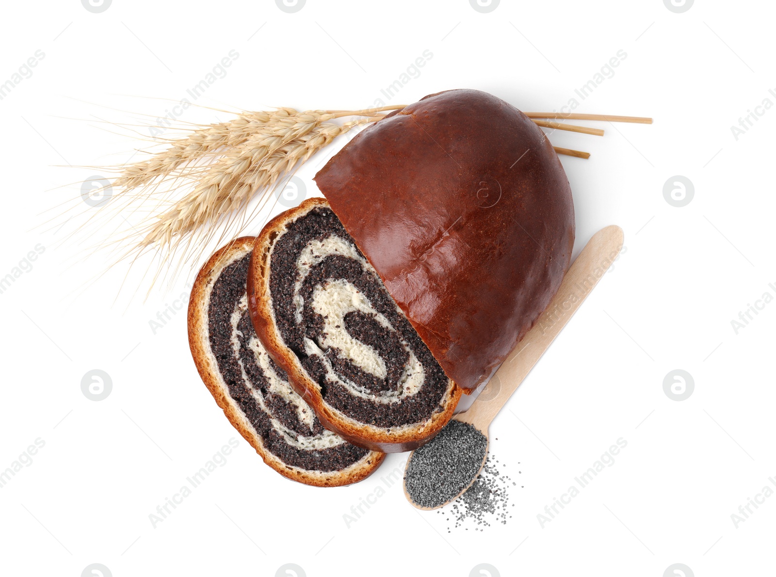 Photo of Cut poppy seed roll, spoon and spikelets isolated on white, top view. Tasty cake