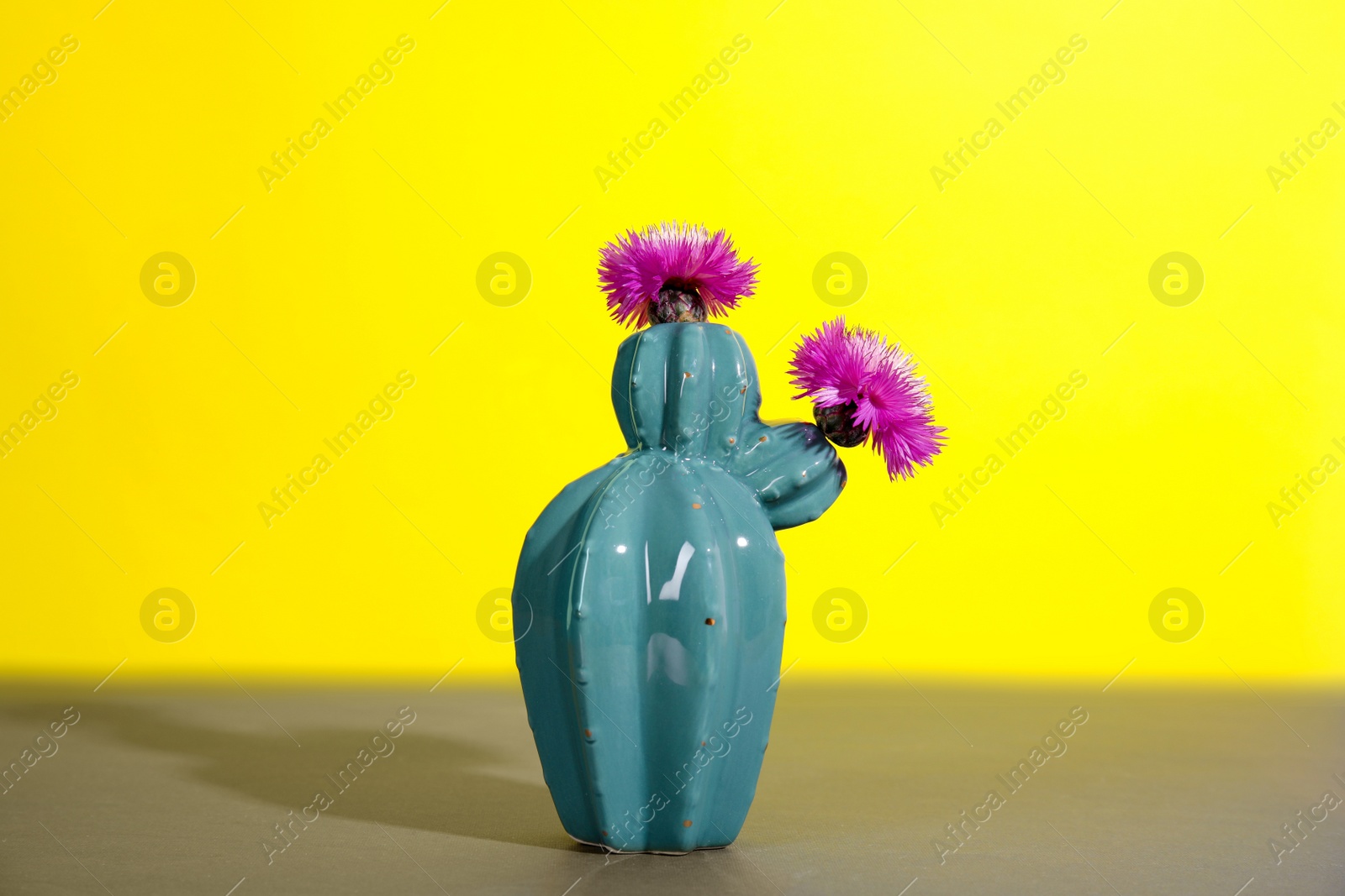 Photo of Trendy cactus shaped ceramic vase with flowers on table against color background