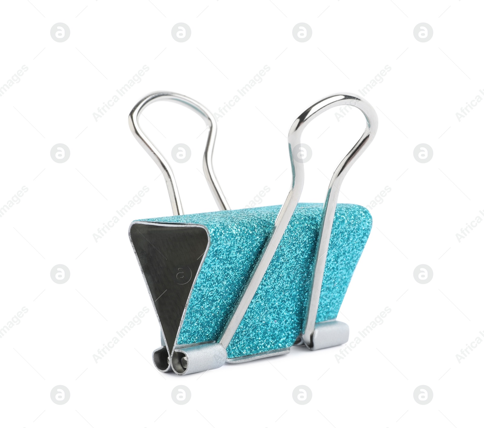 Photo of Turquoise binder clip isolated on white. Stationery item