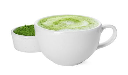 Cup of fresh matcha latte and green powder isolated on white