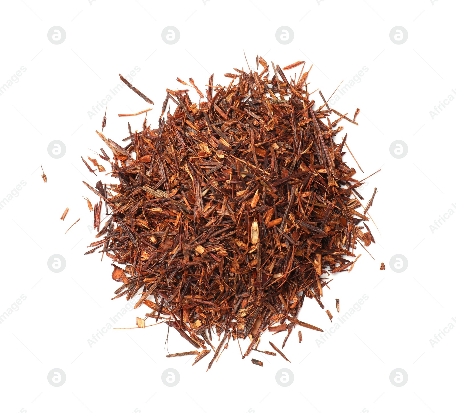 Photo of Heap of rooibos tea isolated on white, top view