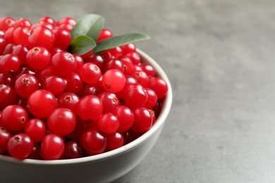 Photo of Ripe fresh cranberry on grey table, closeup. Space for text