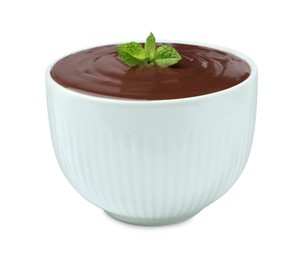 Photo of Delicious chocolate cream with mint in bowl on white background