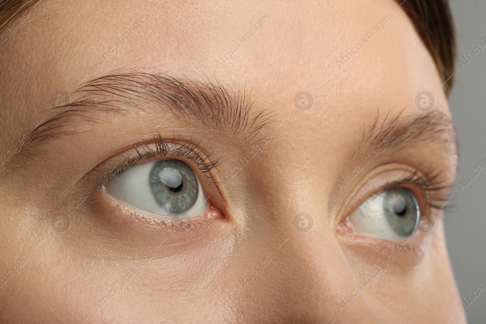 Photo of Woman with beautiful natural eyelashes on grey background, closeup