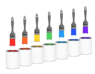 Image of Brushes with colorful paints in air over cans on white background