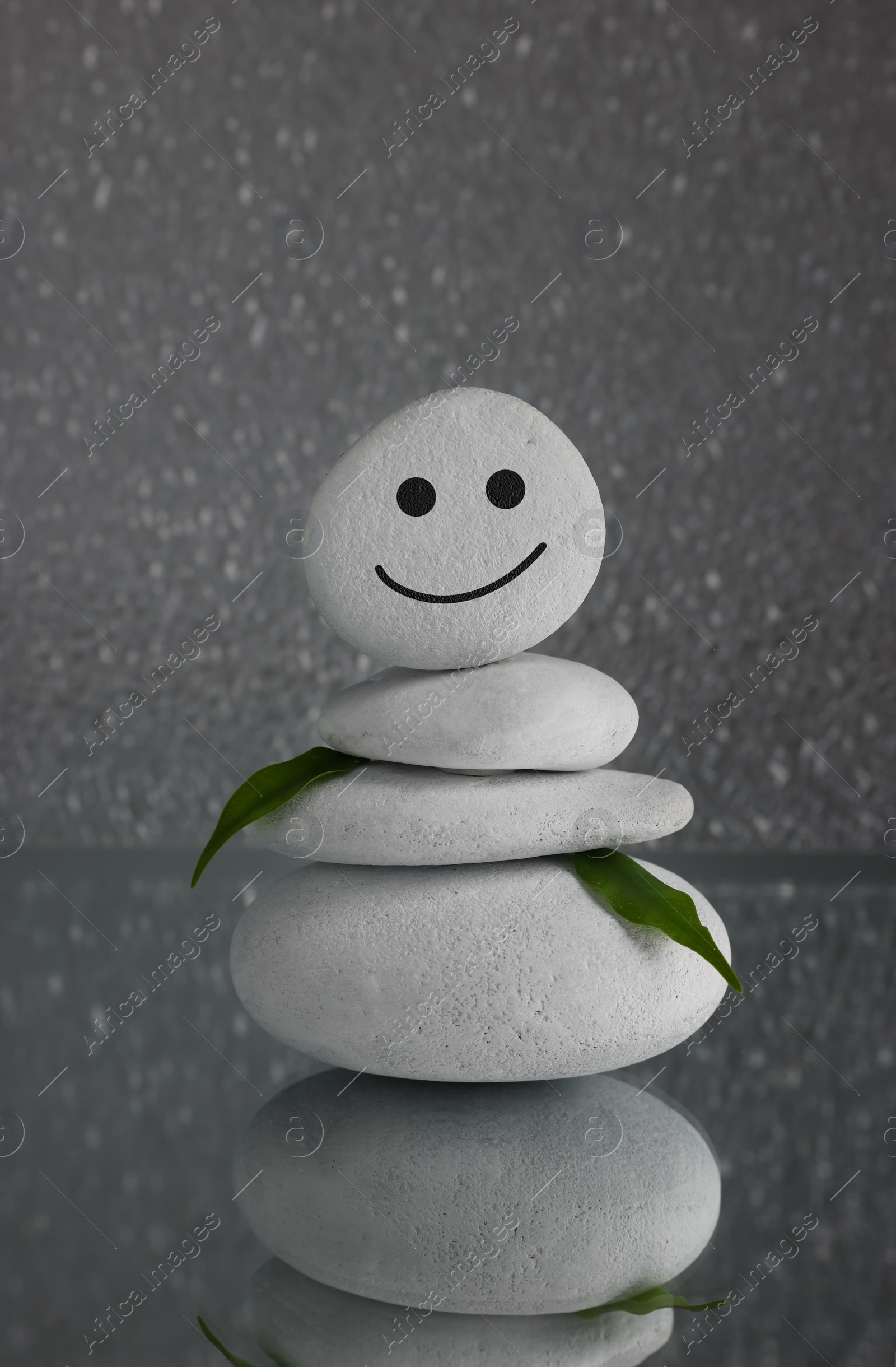 Photo of Stack of stones with drawn happy face and green leaves on grey background. Zen concept