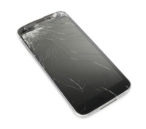 Smartphone with cracked screen isolated on white. Device repair