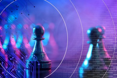 Image of Chess pieces on board in neon lights. Circuit board pattern and binary code symbolizing artificial intelligence