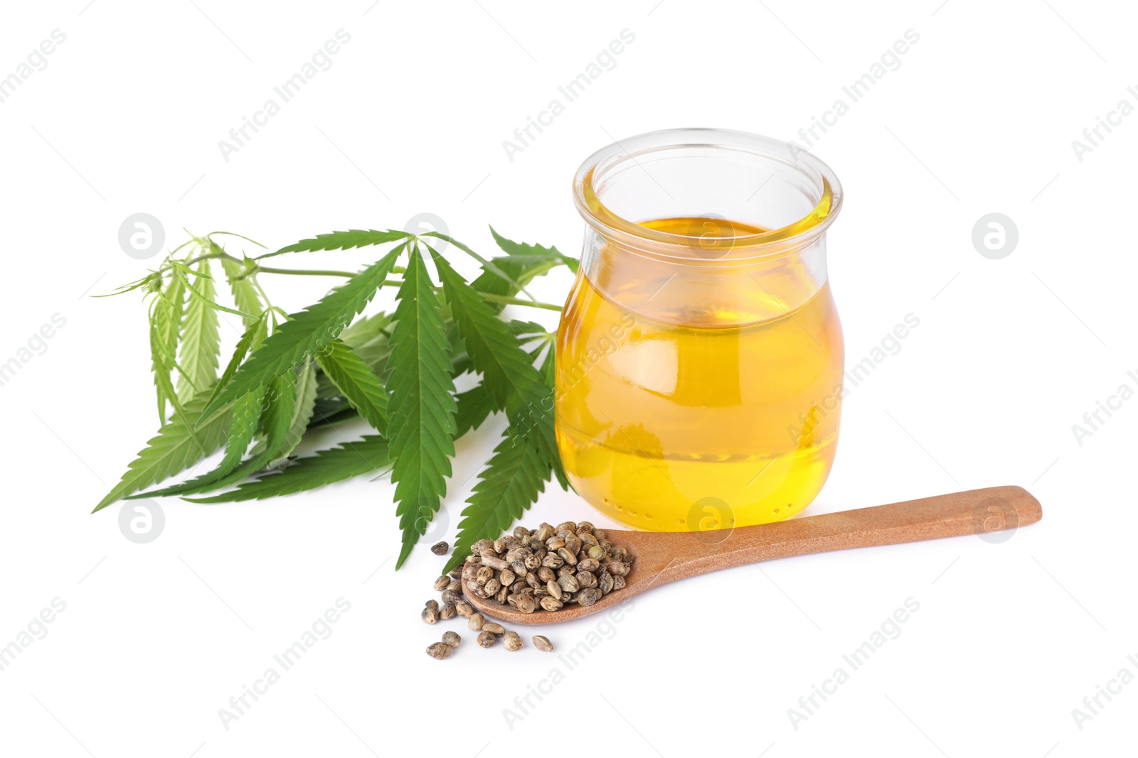 Photo of Jar of hemp oil, fresh leaves and seeds on white background