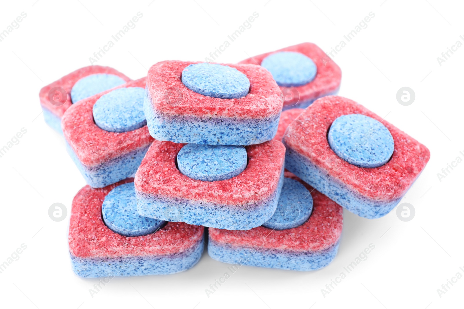 Photo of Pile of dishwasher detergent tablets on white background