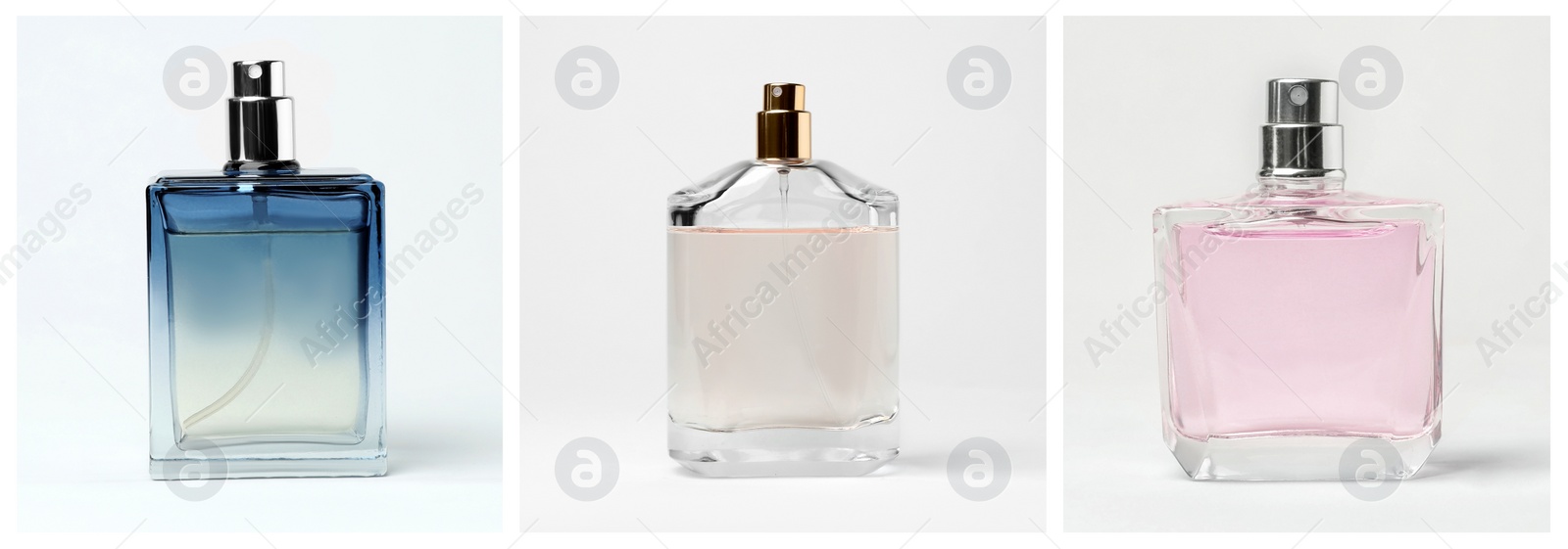 Image of Set with different bottles of perfume on white background. Banner design