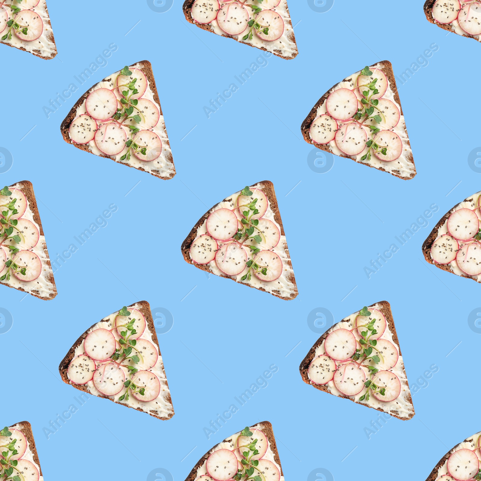 Image of Set of delicious toasted bread with radish and sprouts on blue background, top view