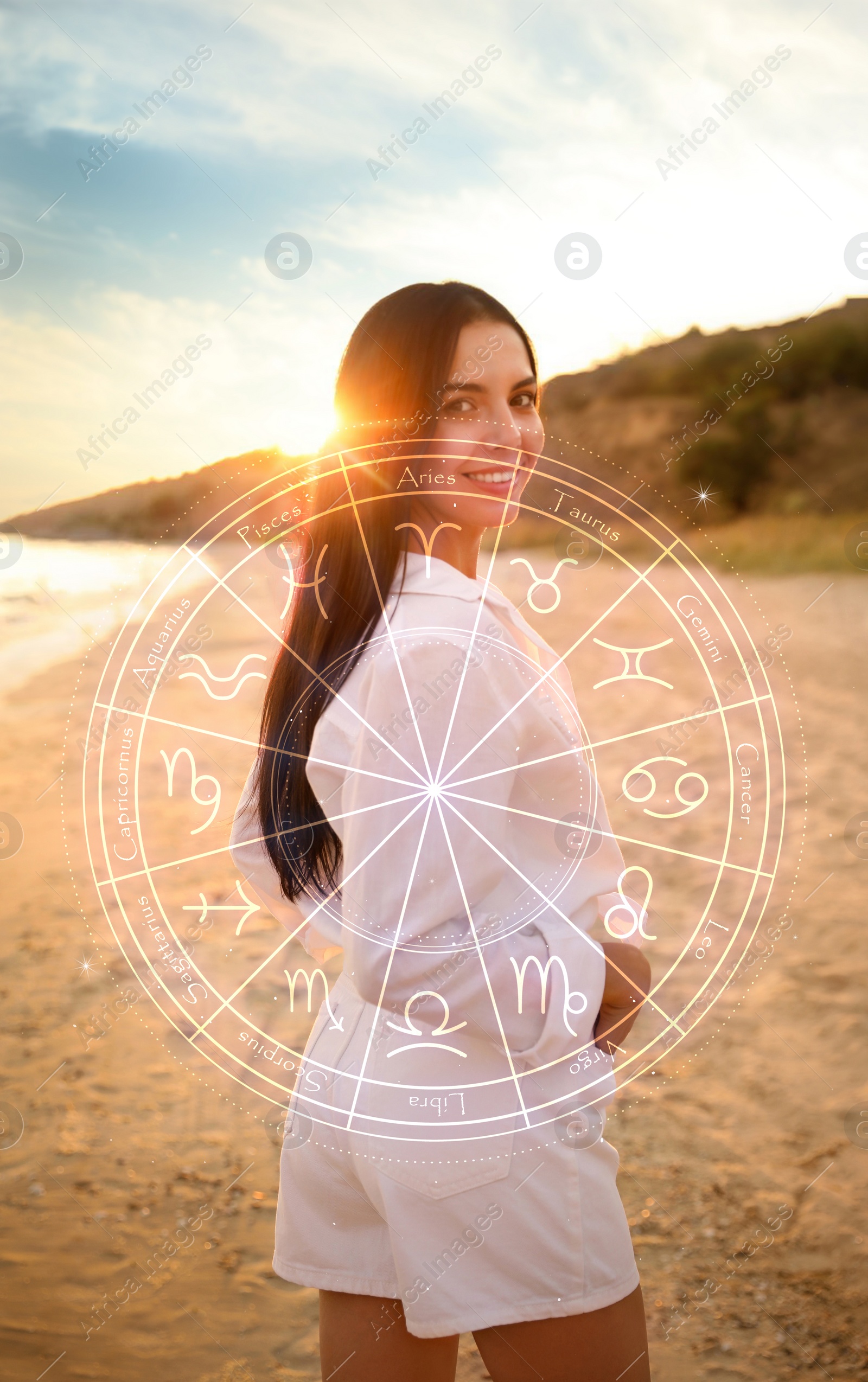 Image of Beautiful young woman near sea and zodiac wheel illustration