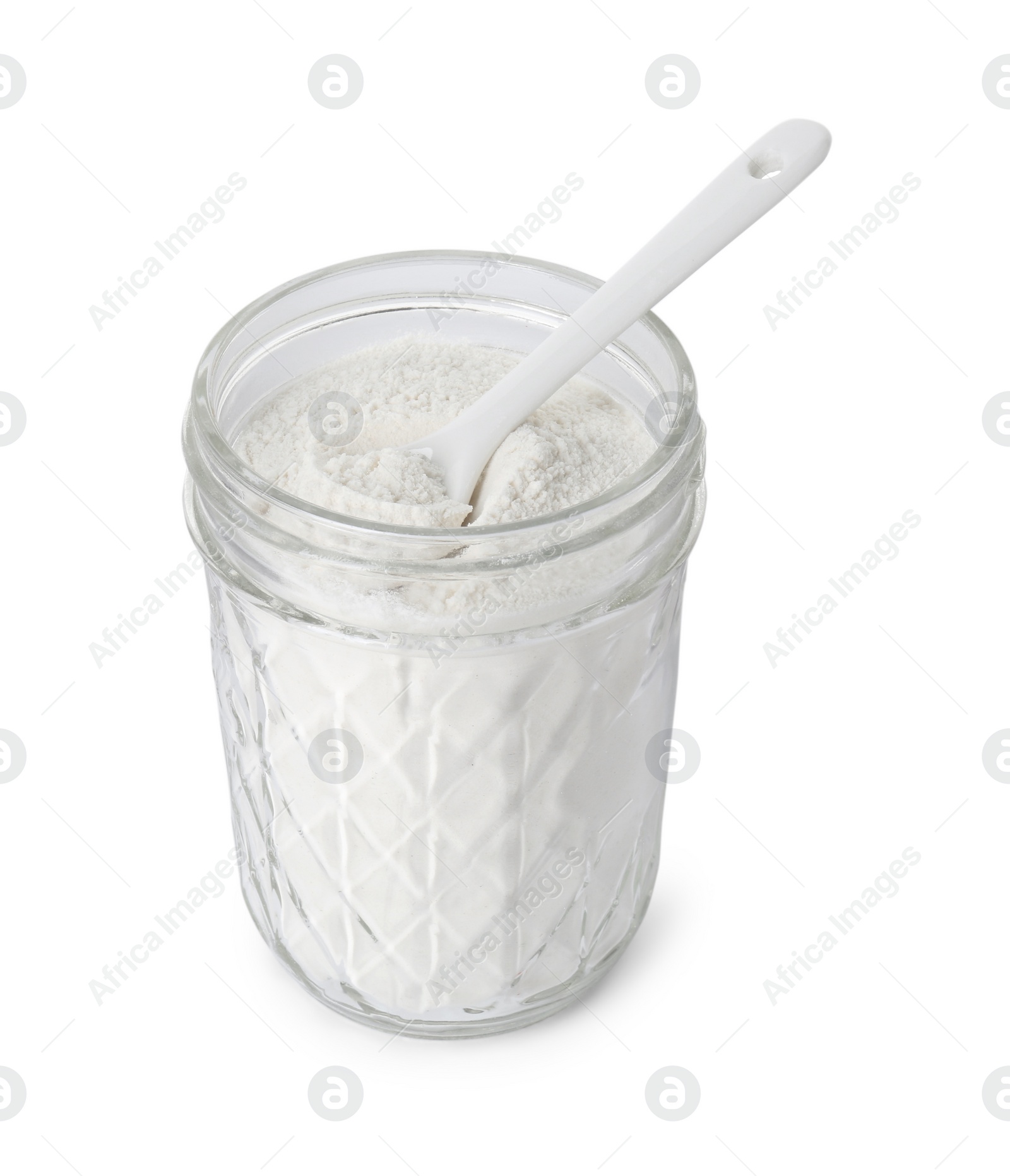 Photo of Baking powder in glass jar isolated on white