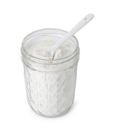 Photo of Baking powder in glass jar isolated on white