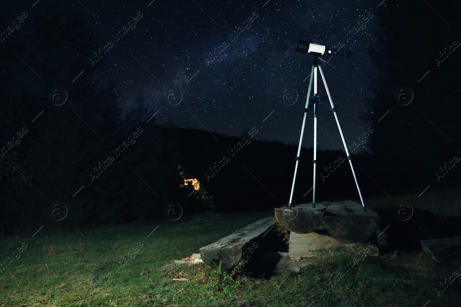 Photo of Modern telescope and beautiful sky in night outdoors. Learning astronomy