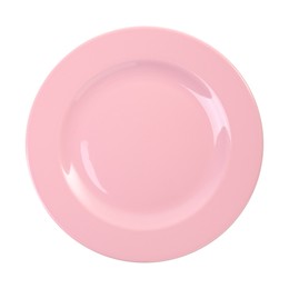 Photo of One pink ceramic plate isolated on white, top view