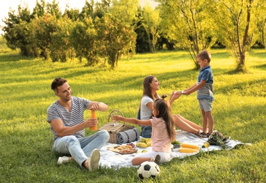 Happy family having picnic in park on sunny summer day