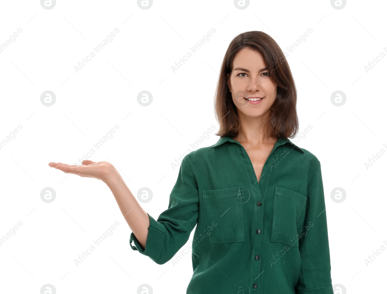 Photo of Special promotion. Young woman showing something on white background