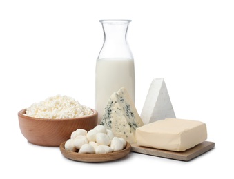 Photo of Different dairy products on white background