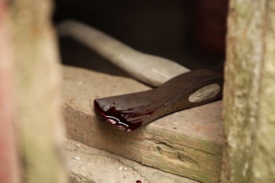 Photo of Axe with blood on wooden threshold, closeup