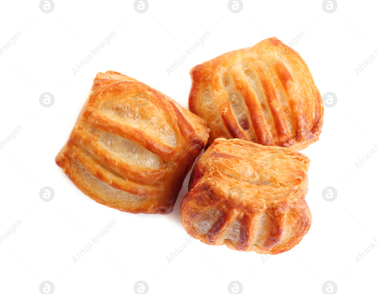 Photo of Fresh tasty puff pastry on white background, top view