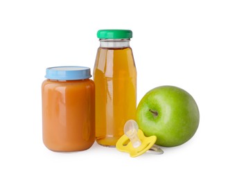 Photo of Healthy baby food, pacifier and bottle with juice on light grey background