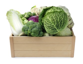 Photo of Wooden crate with different types of fresh cabbage on white background