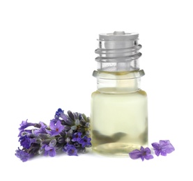 Photo of Bottle with natural lavender oil and flowers on white background