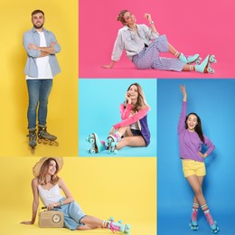 Image of Photos of young women and man with roller skates on different color backgrounds, collage design