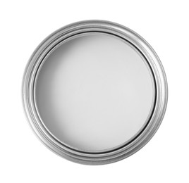 Photo of One can of paint on white background, top view