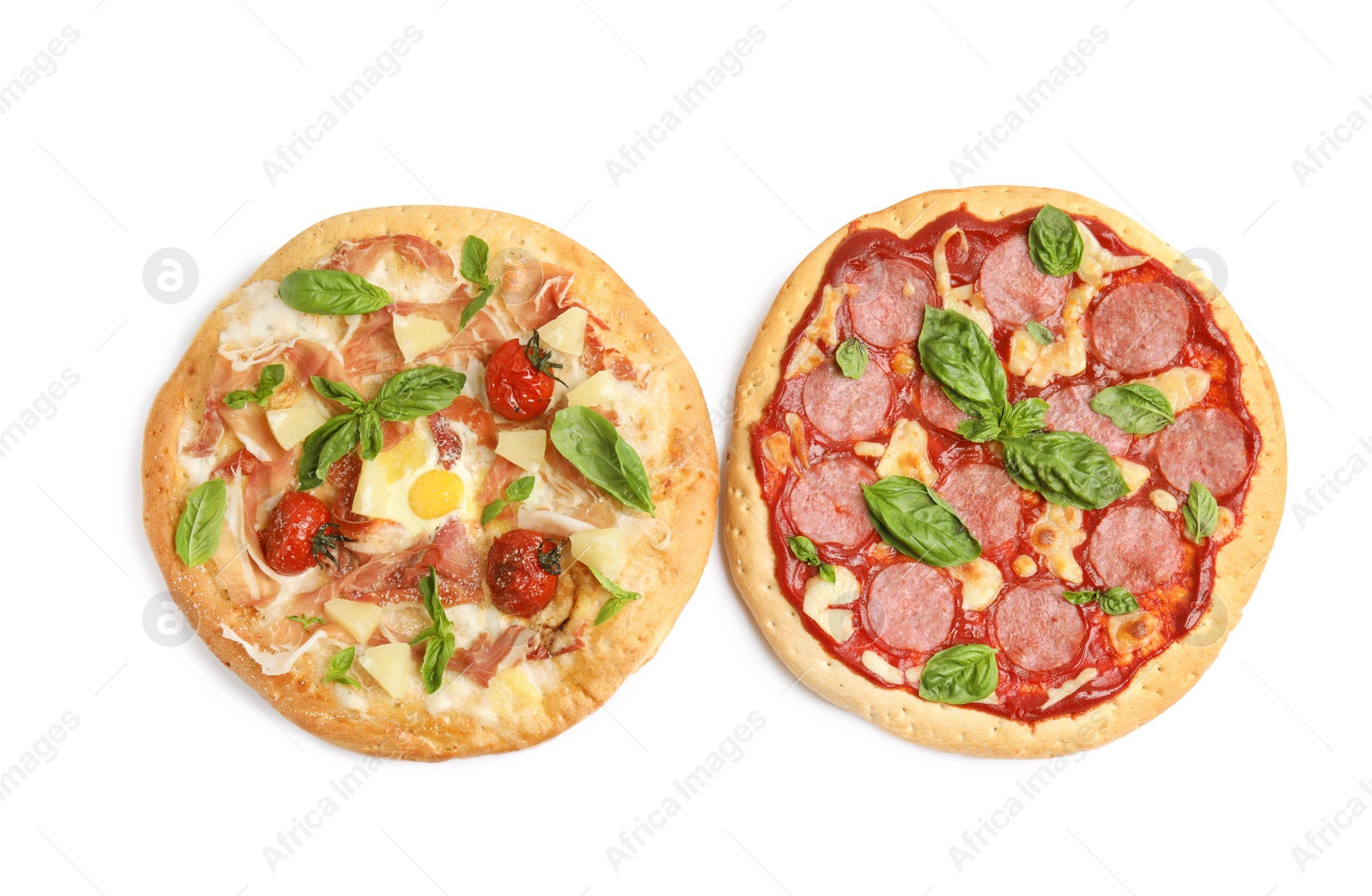 Photo of Delicious pita pizzas on white background, top view