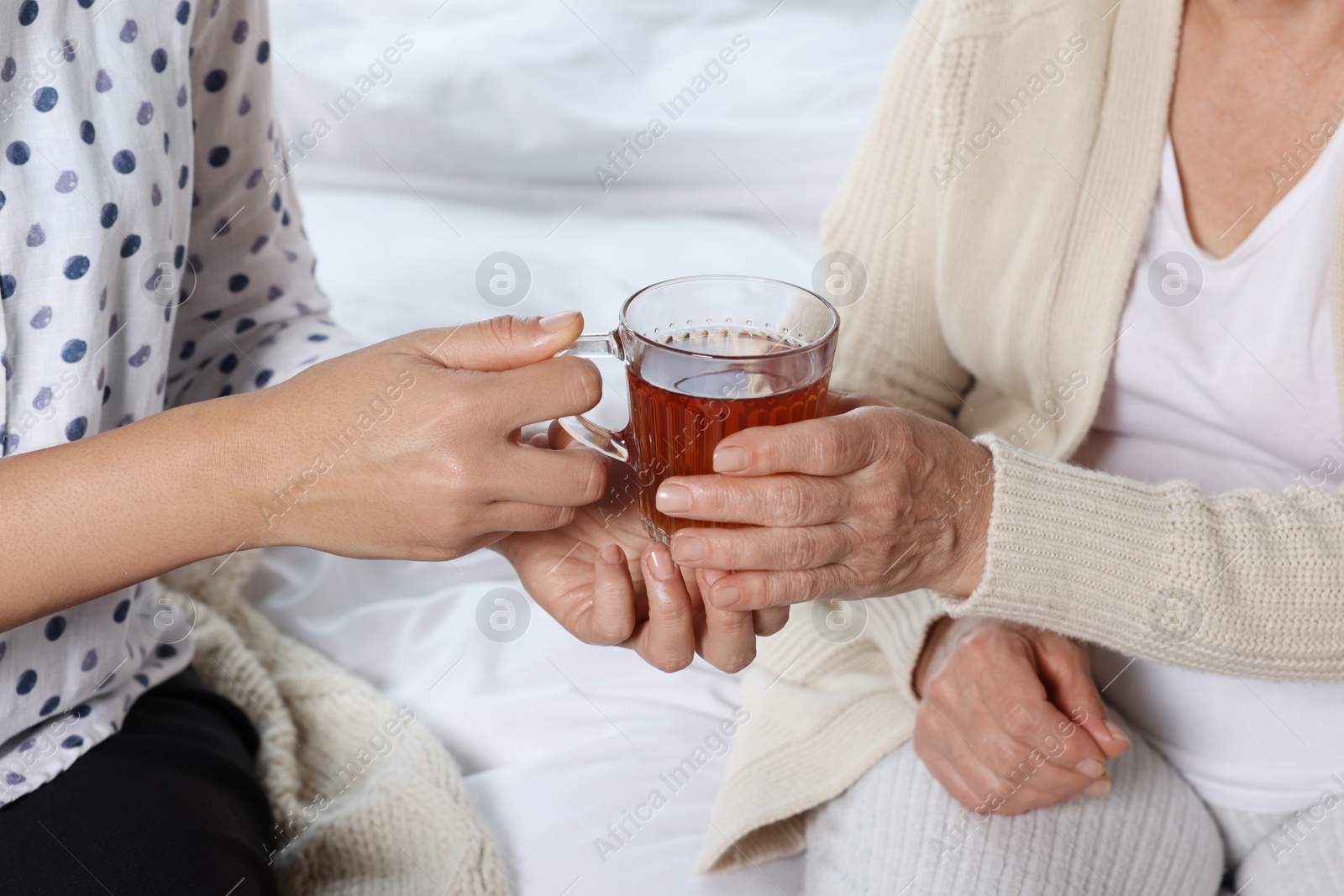 Photo of Caregiver giving tea to elderly woman at home, closeup