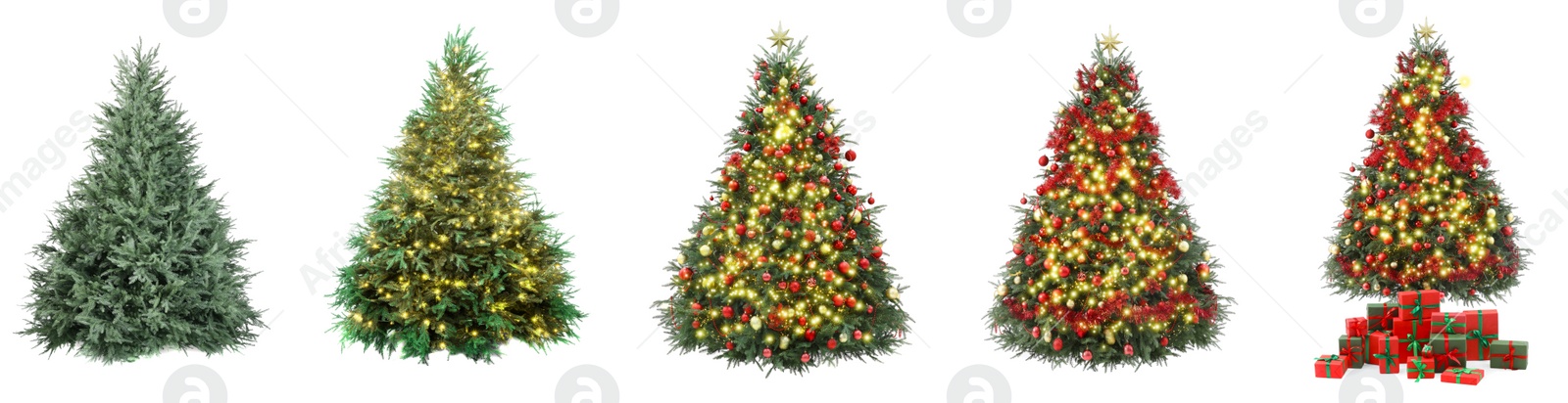 Image of Christmas tree isolated on white, step-by-step decorating