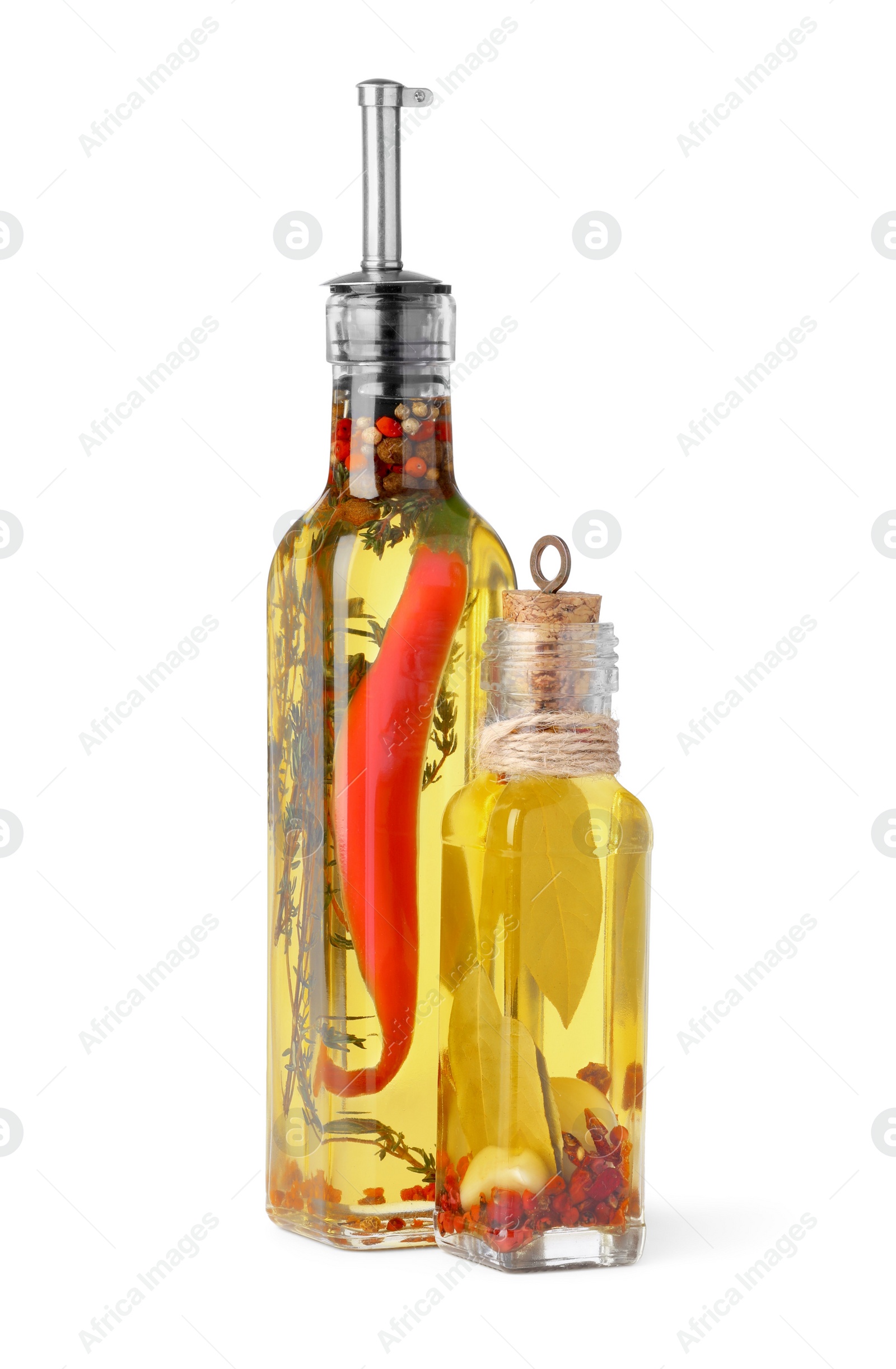 Photo of Glass bottles of cooking oil with spices and herbs on white background