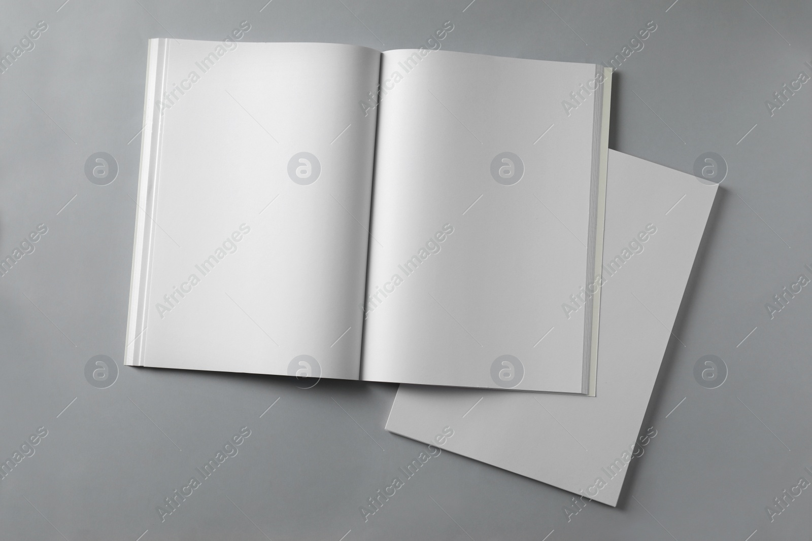 Photo of Paper sheets and open blank brochure on light grey background, flat lay