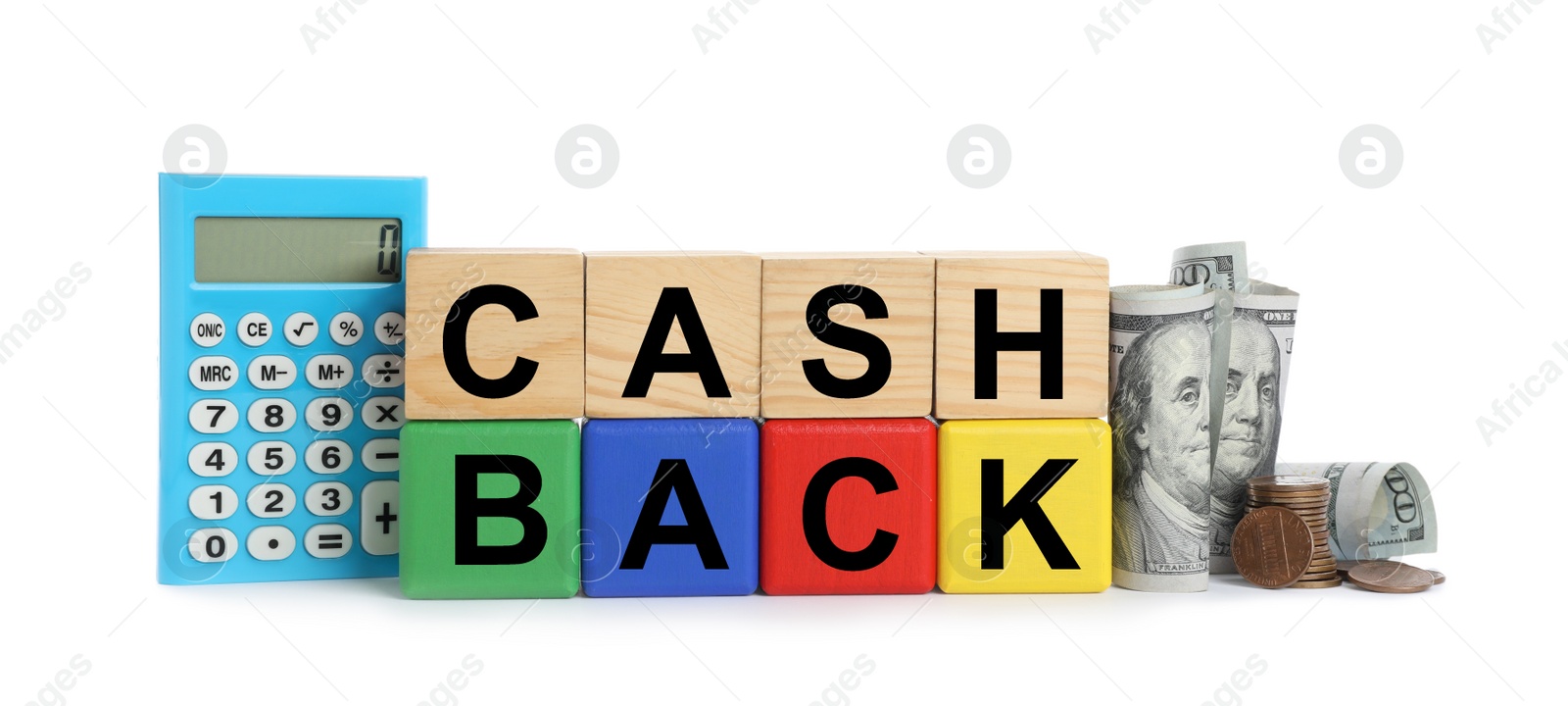 Photo of Colorful cubes with word Cashback, money and calculator on white background