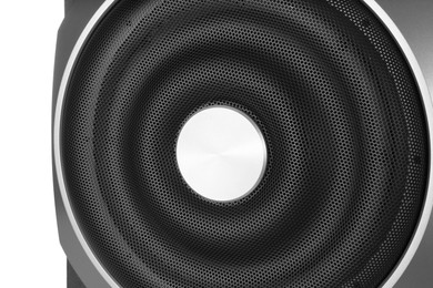 Photo of Modern subwoofer isolated on white. Powerful audio speaker