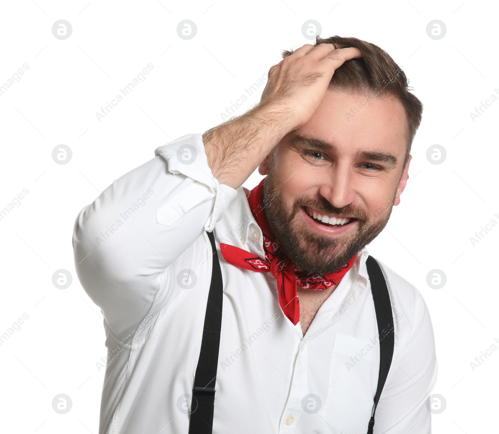 Photo of Fashionable young man in stylish outfit with bandana on white background