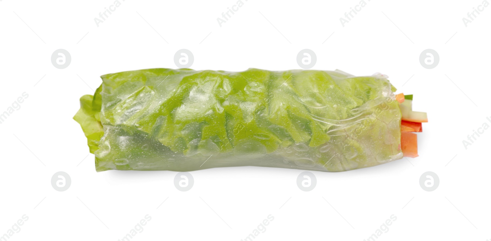 Photo of Tasty spring roll wrapped in rice paper isolated on white