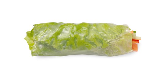 Photo of Tasty spring roll wrapped in rice paper isolated on white