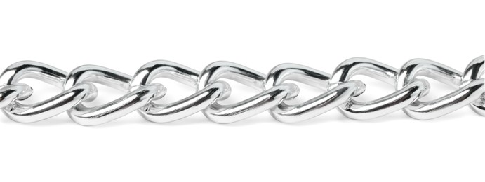 Photo of One metal chain isolated on white, closeup. Luxury jewelry