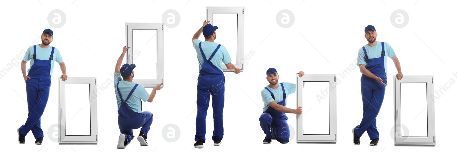 Image of Workers with plastic window on white background, collage. Installation service