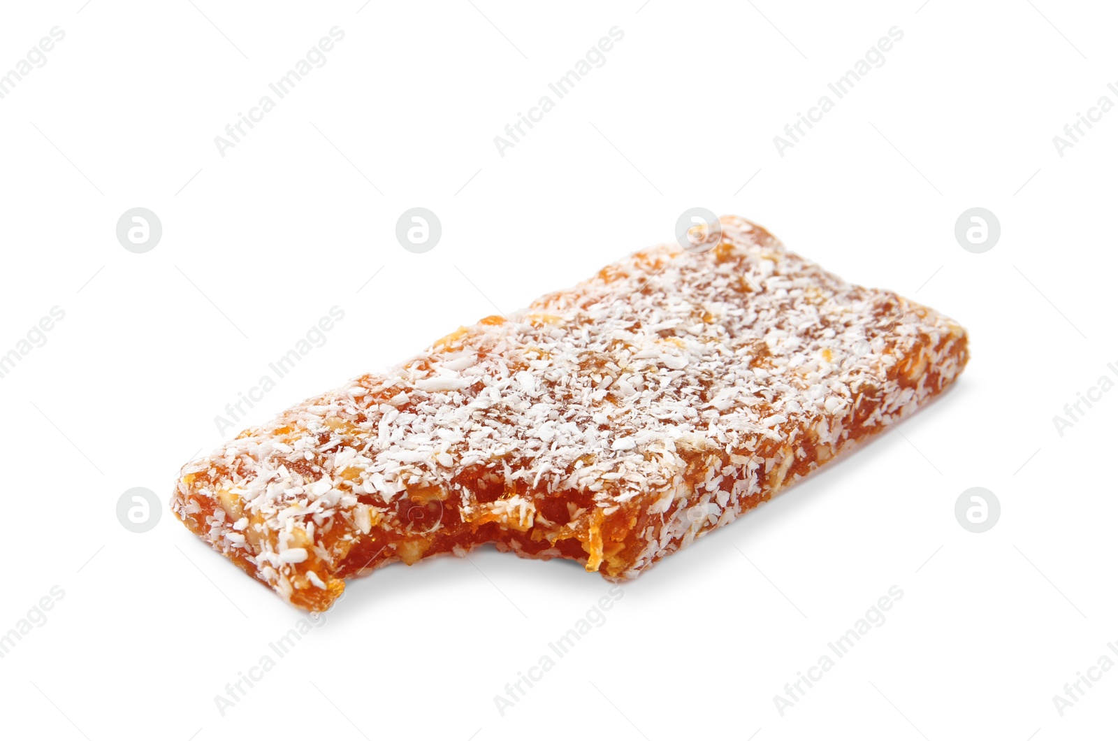 Photo of Grain cereal bar with desiccated coconut on white background. Healthy snack