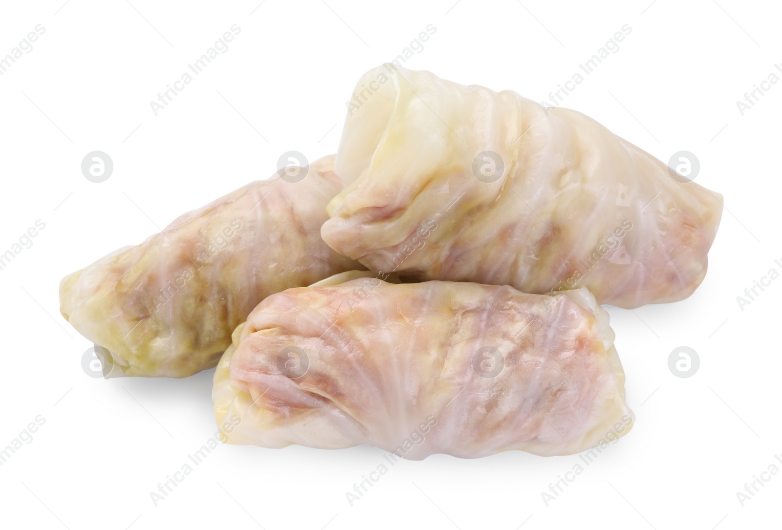 Photo of Uncooked stuffed cabbage rolls isolated on white