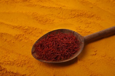 Spoon of dried flower stigmas on saffron powder, closeup