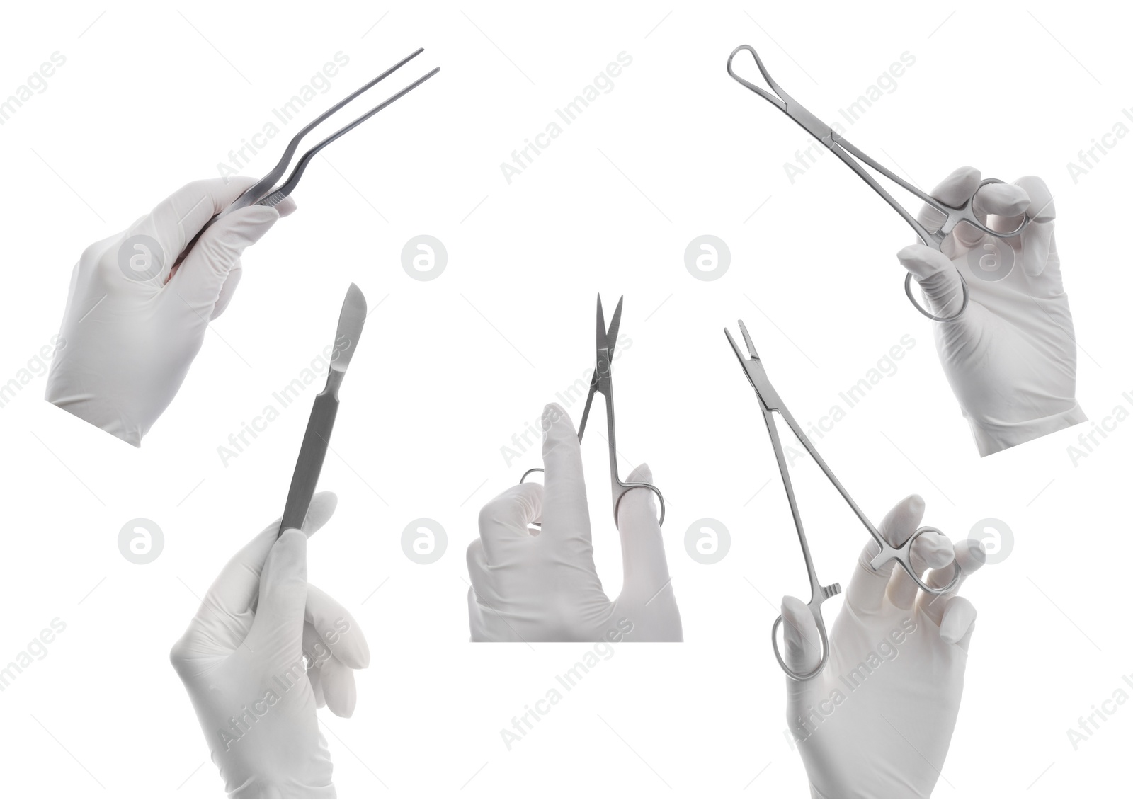 Image of Collage with photos of doctors holding different surgical instruments on white background, closeup 